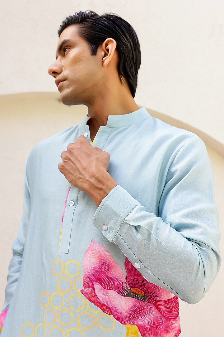Mint Chanderi Silk & Cotton Satin Floral Printed Kurta Set by chrkha men at Pernia's Pop Up Shop