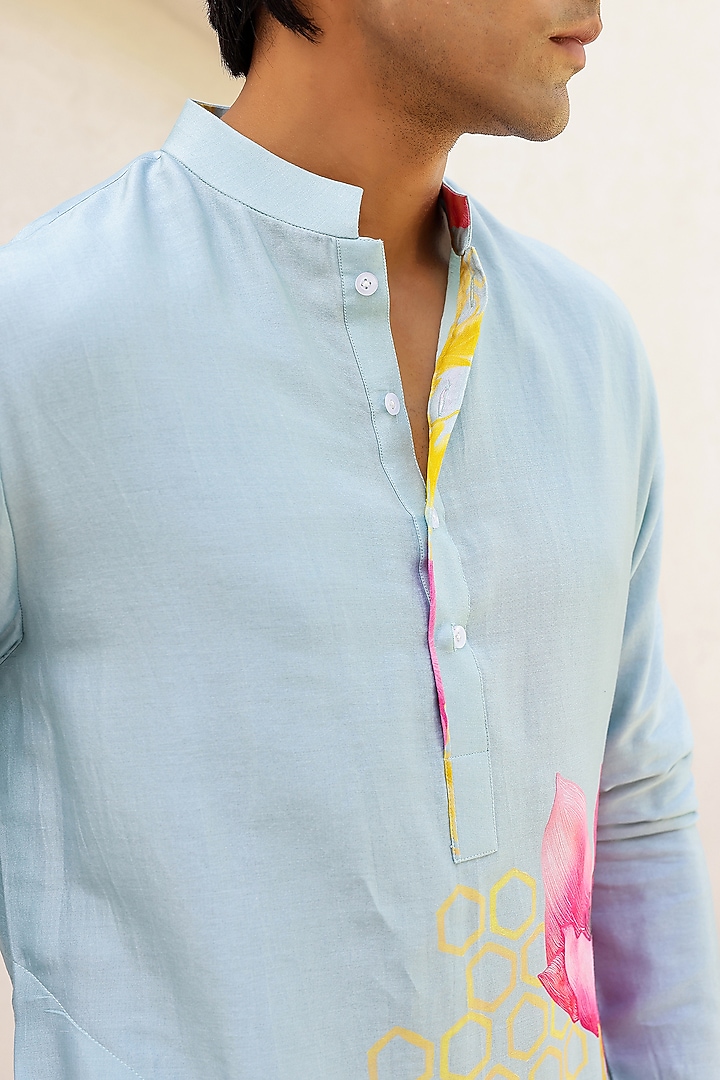 Mint Chanderi Silk & Cotton Satin Floral Printed Kurta Set by chrkha men at Pernia's Pop Up Shop