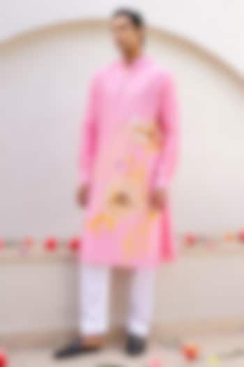 Pink Chanderi Silk & Cotton Satin Floral Printed Kurta Set by chrkha men