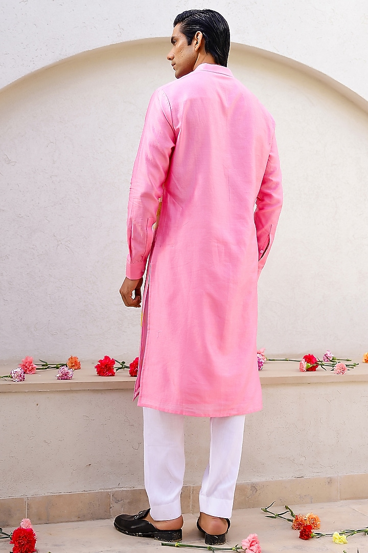 Pink Chanderi Silk & Cotton Satin Floral Printed Kurta Set by chrkha men at Pernia's Pop Up Shop