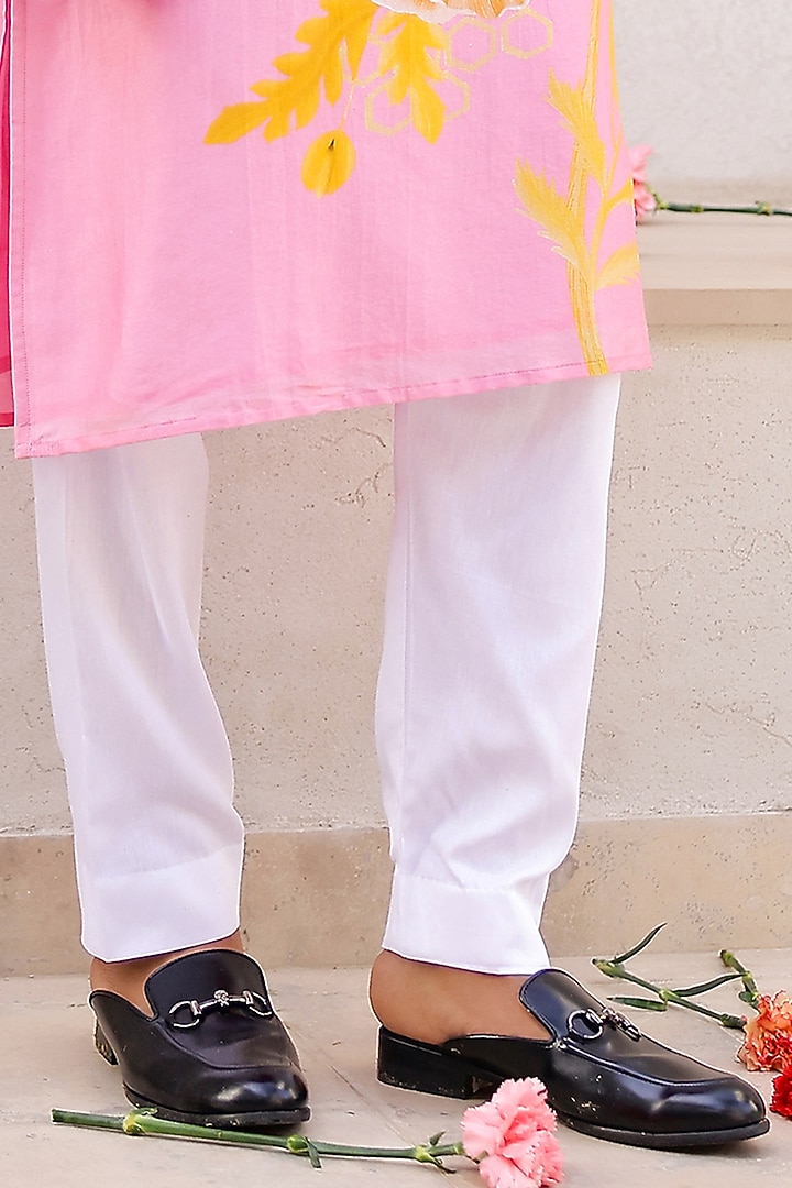 Pink Chanderi Silk & Cotton Satin Floral Printed Kurta Set by chrkha men at Pernia's Pop Up Shop