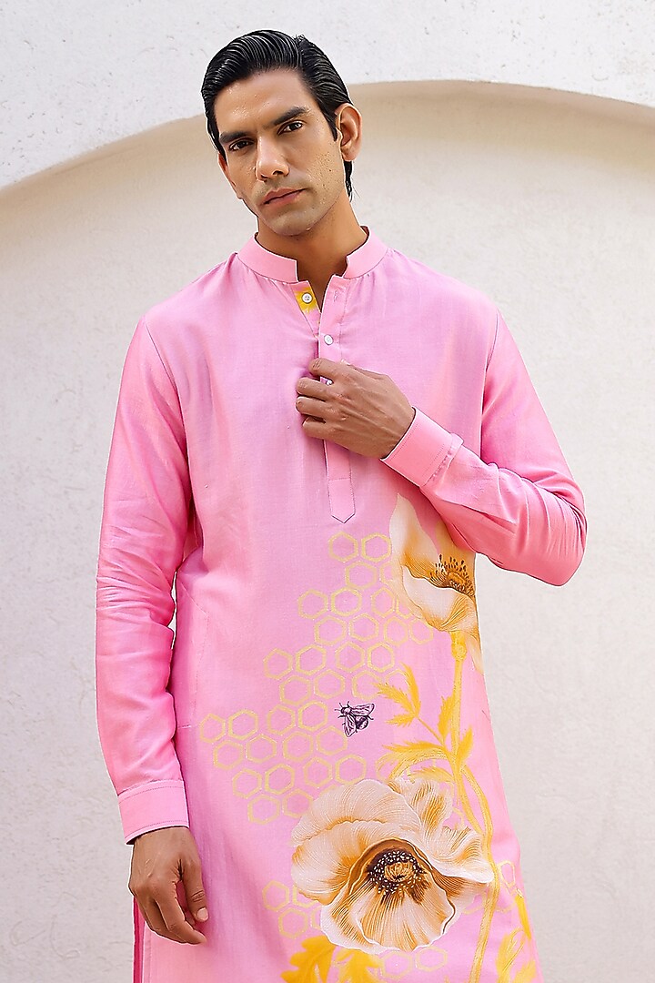 Pink Chanderi Silk & Cotton Satin Floral Printed Kurta Set by chrkha men at Pernia's Pop Up Shop