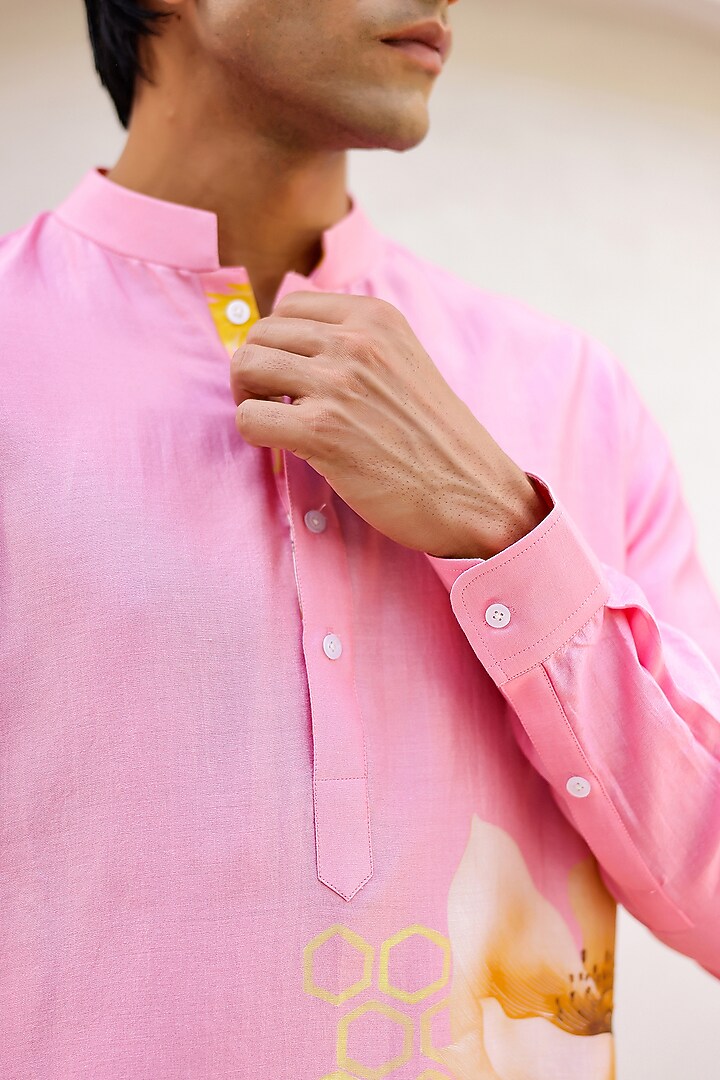 Pink Chanderi Silk & Cotton Satin Floral Printed Kurta Set by chrkha men at Pernia's Pop Up Shop