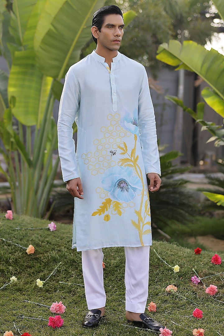 Blue Chanderi Silk & Cotton Satin Floral Printed Kurta Set by chrkha men