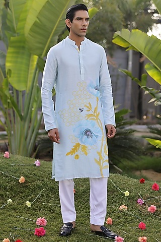 Blue Chanderi Silk & Cotton Satin Floral Printed Kurta Set by chrkha men