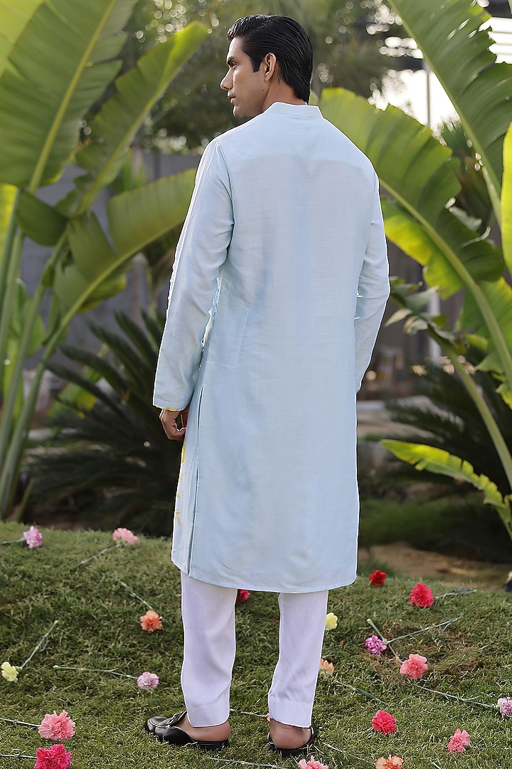 Blue Chanderi Silk & Cotton Satin Floral Printed Kurta Set by chrkha men at Pernia's Pop Up Shop