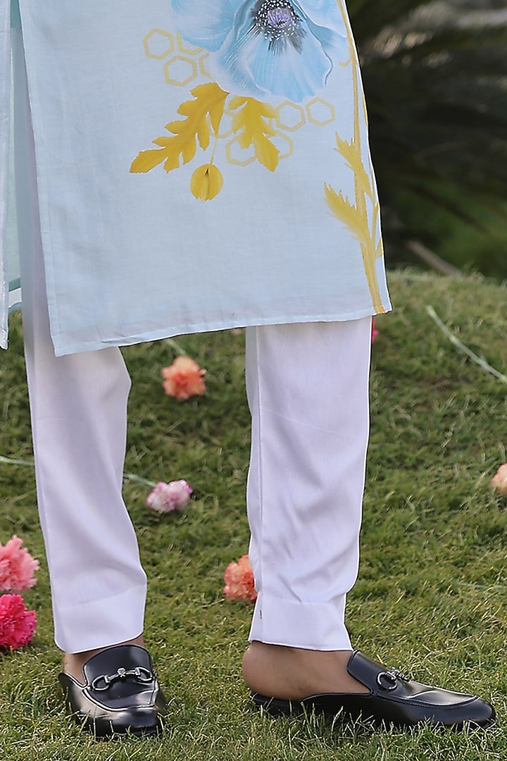Blue Chanderi Silk & Cotton Satin Floral Printed Kurta Set by chrkha men at Pernia's Pop Up Shop