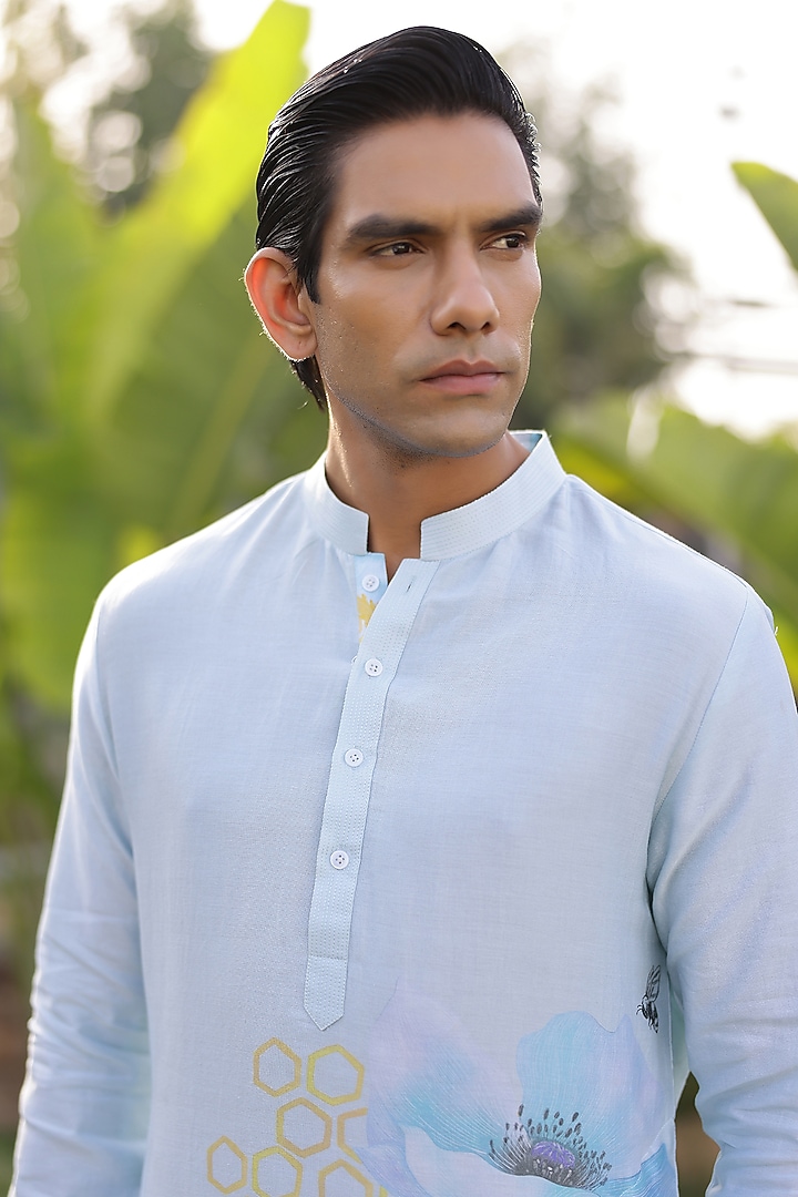 Blue Chanderi Silk & Cotton Satin Floral Printed Kurta Set by chrkha men at Pernia's Pop Up Shop