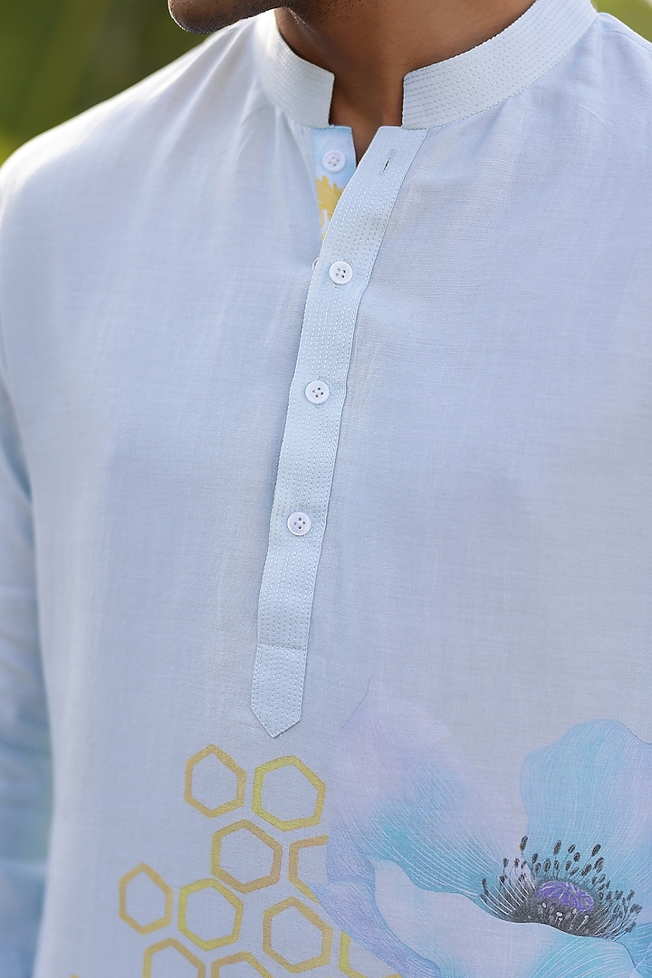 Blue Chanderi Silk & Cotton Satin Floral Printed Kurta Set by chrkha men at Pernia's Pop Up Shop