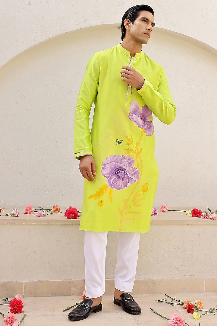 Green Chanderi Silk & Cotton Satin Floral Printed Kurta Set by chrkha men