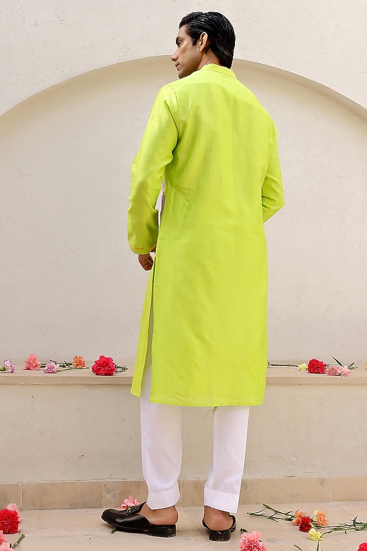 Green Chanderi Silk & Cotton Satin Floral Printed Kurta Set by chrkha men at Pernia's Pop Up Shop