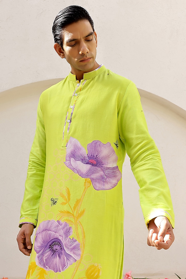 Green Chanderi Silk & Cotton Satin Floral Printed Kurta Set by chrkha men at Pernia's Pop Up Shop