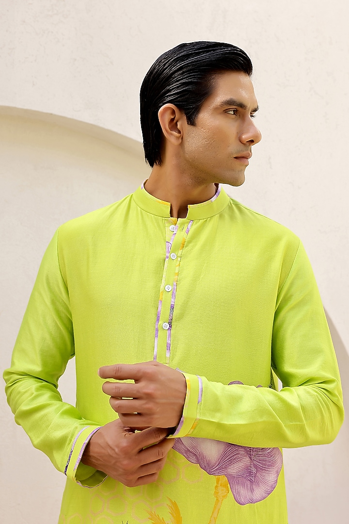 Green Chanderi Silk & Cotton Satin Floral Printed Kurta Set by chrkha men at Pernia's Pop Up Shop