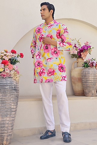 Mint Cotton Satin Floral Printed Short Kurta Set by chrkha men