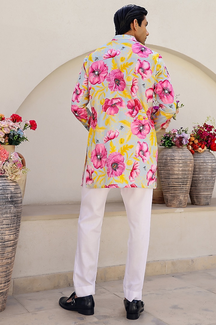 Mint Cotton Satin Floral Printed Short Kurta Set by chrkha men at Pernia's Pop Up Shop