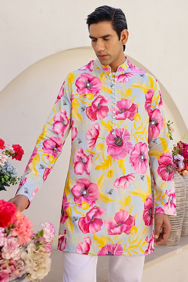 Mint Cotton Satin Floral Printed Short Kurta Set by chrkha men at Pernia's Pop Up Shop