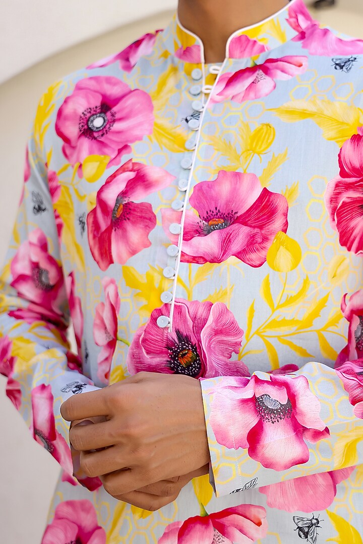 Mint Cotton Satin Floral Printed Short Kurta Set by chrkha men at Pernia's Pop Up Shop