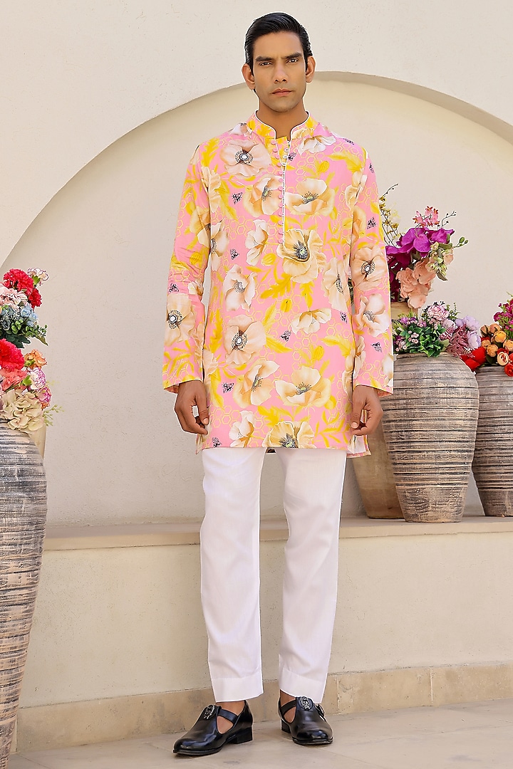 Pink Cotton Satin Floral Printed Short Kurta Set by chrkha men