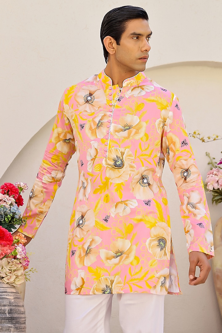 Pink Cotton Satin Floral Printed Short Kurta Set by chrkha men at Pernia's Pop Up Shop