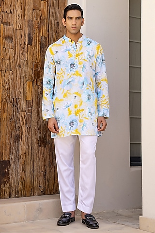 Blue Cotton Satin Floral Printed Short Kurta Set by chrkha men