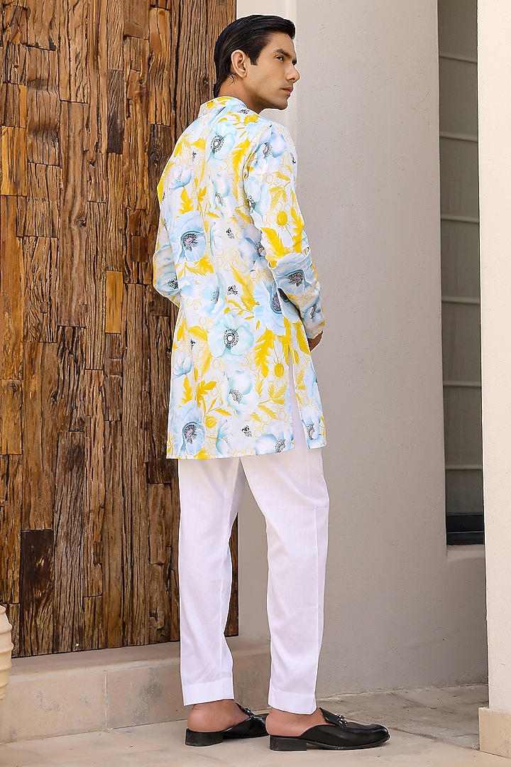 Blue Cotton Satin Floral Printed Short Kurta Set by chrkha men at Pernia's Pop Up Shop