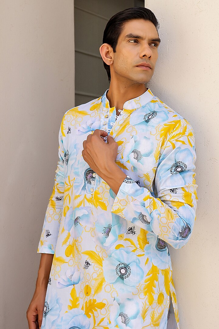 Blue Cotton Satin Floral Printed Short Kurta Set by chrkha men at Pernia's Pop Up Shop