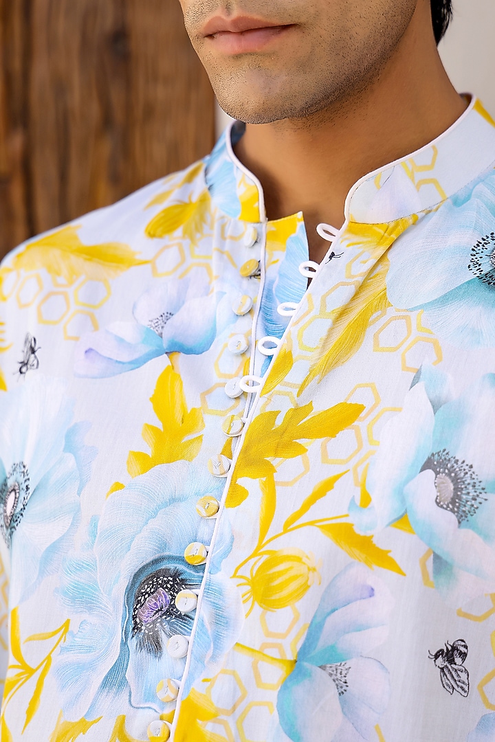 Blue Cotton Satin Floral Printed Short Kurta Set by chrkha men at Pernia's Pop Up Shop