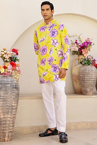 Green Cotton Satin Floral Printed Short Kurta Set by chrkha men