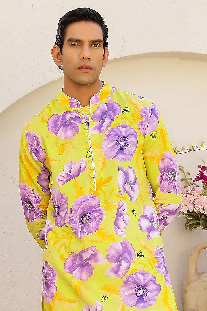 Green Cotton Satin Floral Printed Short Kurta Set by chrkha men at Pernia's Pop Up Shop