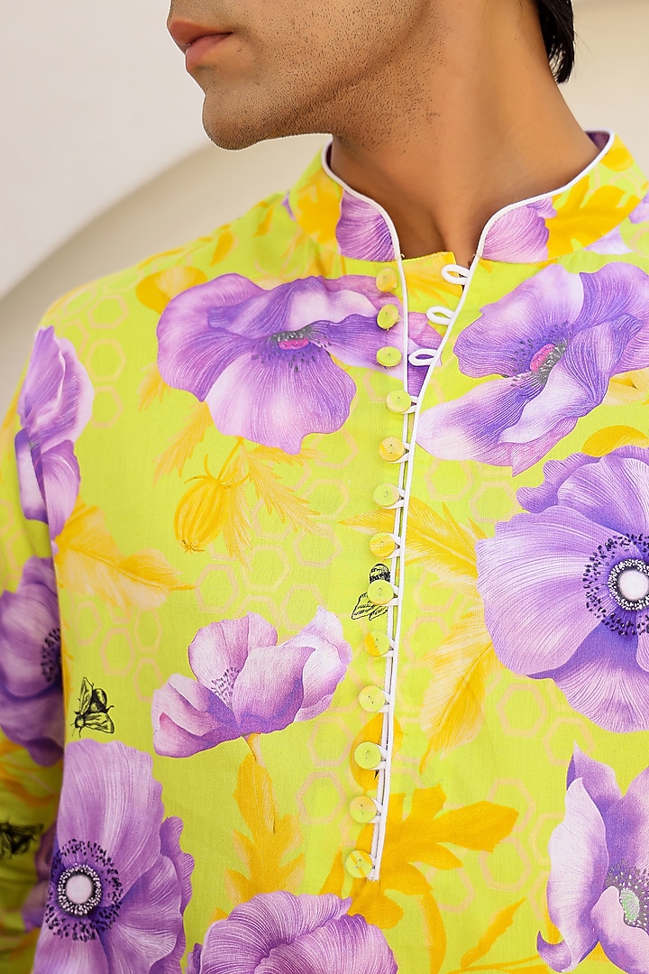 Green Cotton Satin Floral Printed Short Kurta Set by chrkha men at Pernia's Pop Up Shop