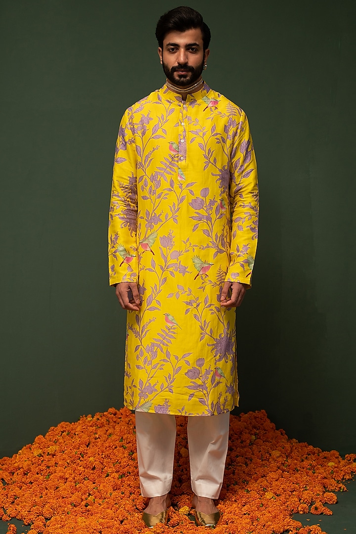 Yellow Printed Kurta Set by chrkha men