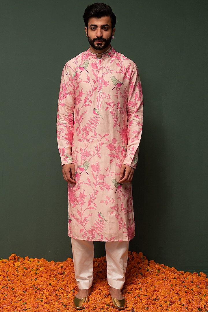 Pink Silk Printed Kurta Set by chrkha men