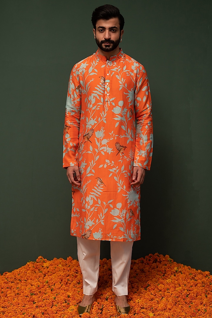 Orange Silk Printed Kurta Set by chrkha men