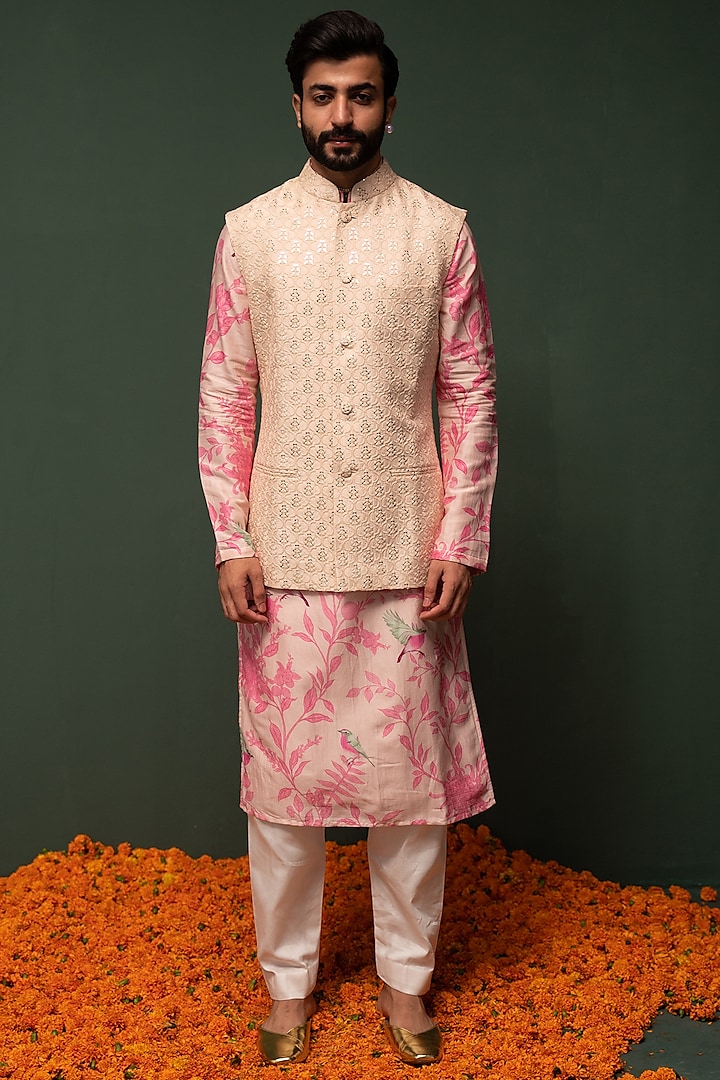 Pink Embroidered Bundi Jacket With Kurta Set by chrkha men
