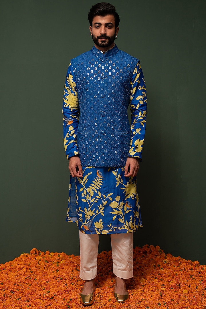 Blue Silk Embroidered Bundi Jacket With Kurta Set by chrkha men