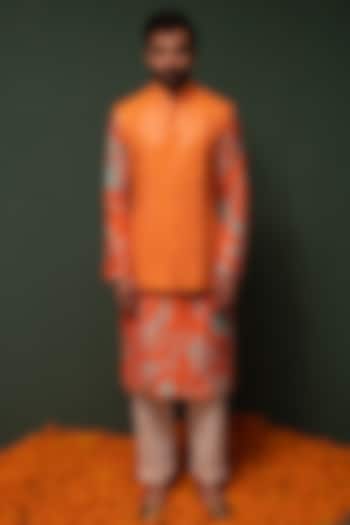 Orange Embroidered Bundi Jacket With Kurta Set by chrkha men