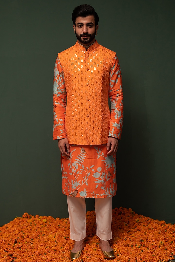Orange Embroidered Bundi Jacket With Kurta Set by chrkha men
