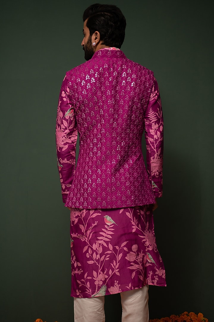 Magenta Silk Embroidered Bundi Jacket With Kurta Set by chrkha men at Pernia's Pop Up Shop