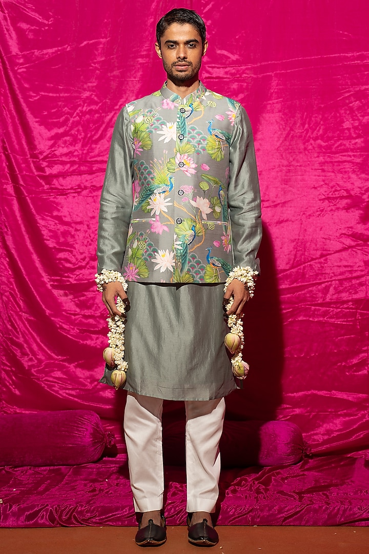 Grey Chanderi Silk & Cotton Satin Floral Printed Nehru Jacket Set by chrkha men