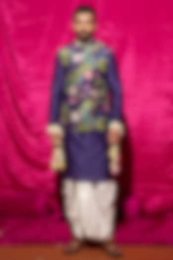 Purple Chanderi Silk & Cotton Satin Floral Printed Nehru Jacket Set by chrkha men