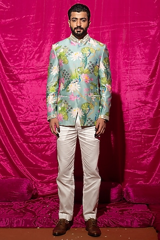 Mint Green Chanderi Silk & Cotton Satin Floral Printed Bandhgala Set by chrkha men