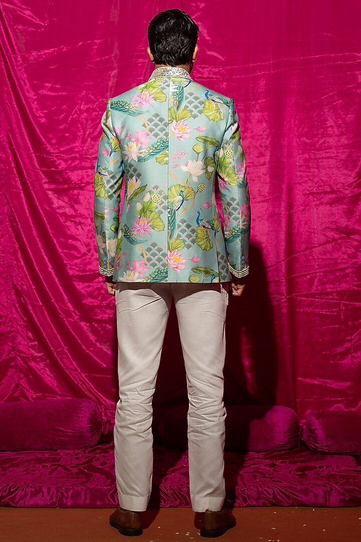 Mint Green Chanderi Silk & Cotton Satin Floral Printed Wedding Bandhgala Set by chrkha men at Pernia's Pop Up Shop