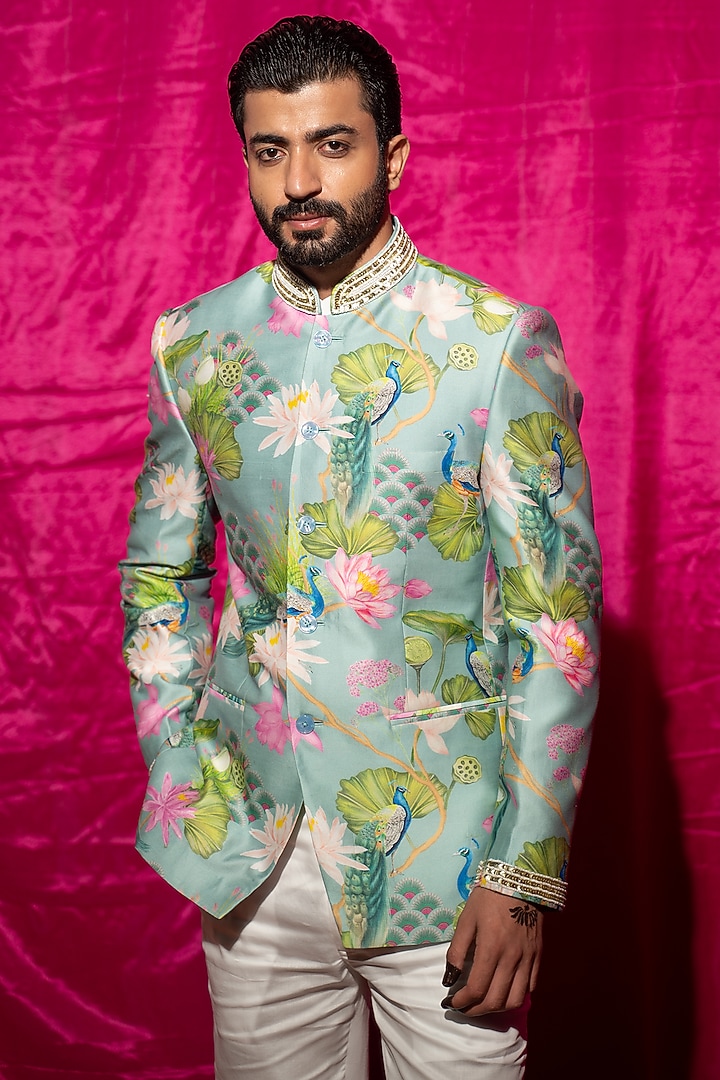 Mint Green Chanderi Silk & Cotton Satin Floral Printed Wedding Bandhgala Set by chrkha men at Pernia's Pop Up Shop