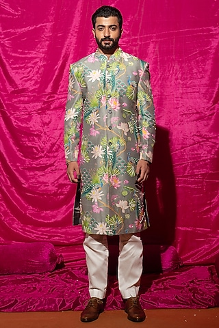 Grey Chanderi Silk & Cotton Satin Floral Printed Sherwani Set by chrkha men