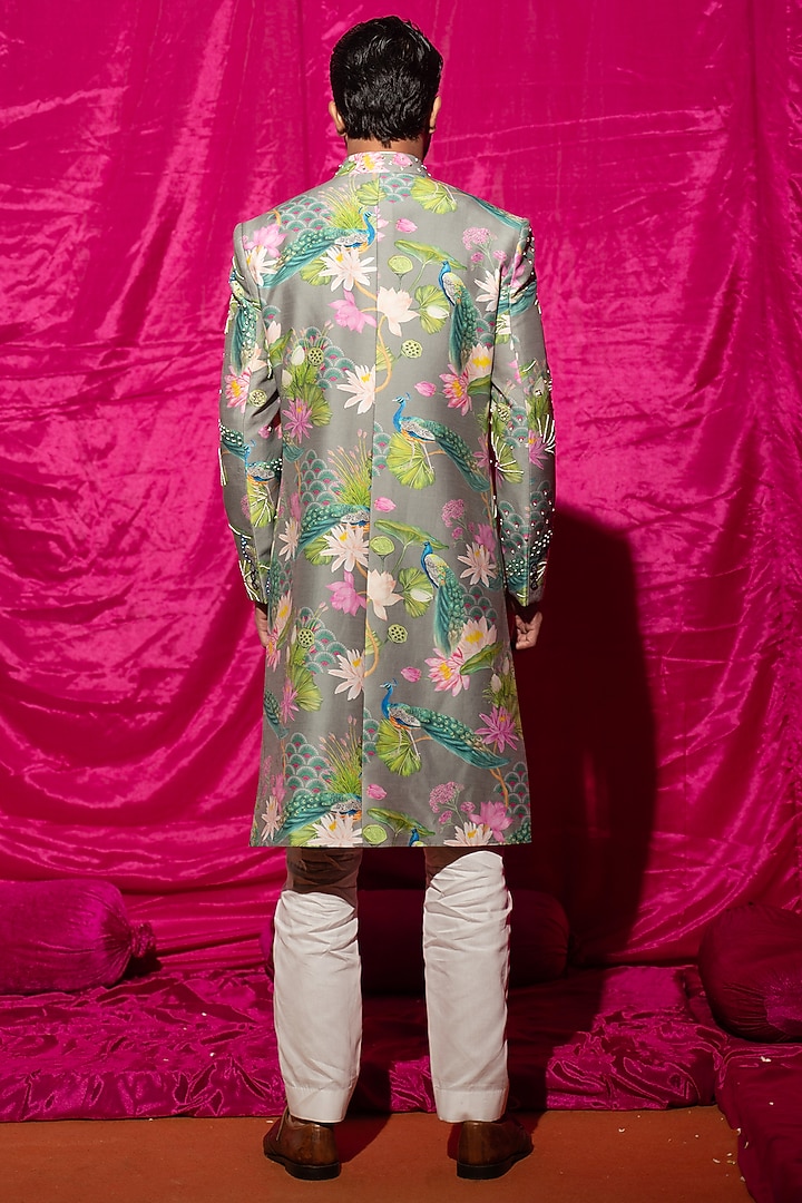 Grey Chanderi Silk & Cotton Satin Floral Printed Wedding Sherwani Set by chrkha men at Pernia's Pop Up Shop