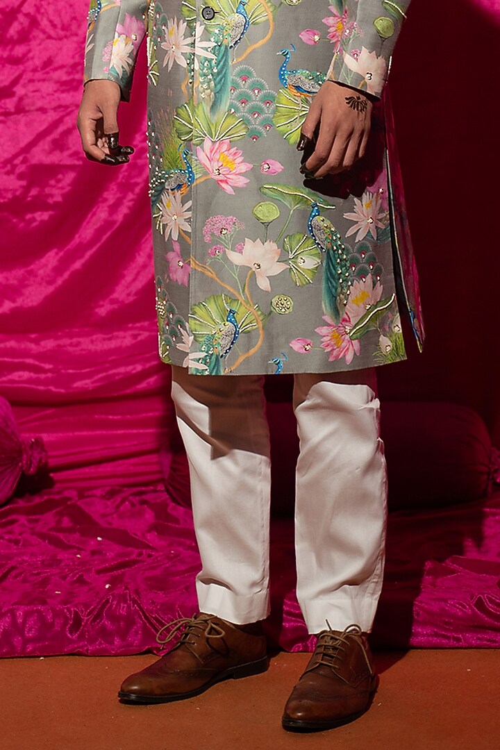 Grey Chanderi Silk & Cotton Satin Floral Printed Wedding Sherwani Set by chrkha men at Pernia's Pop Up Shop