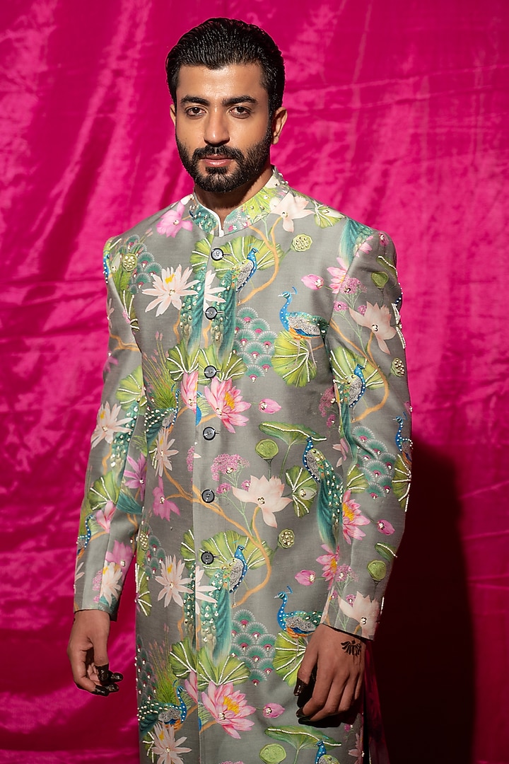 Grey Chanderi Silk & Cotton Satin Floral Printed Wedding Sherwani Set by chrkha men at Pernia's Pop Up Shop