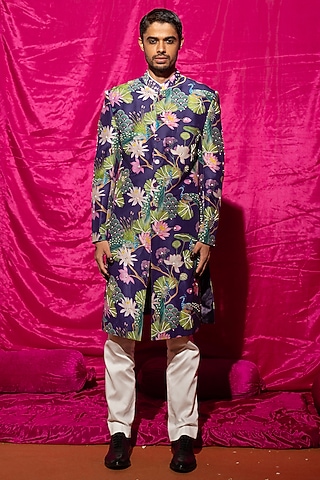 Purple Chanderi Silk & Cotton Satin Floral Printed Sherwani Set by chrkha men