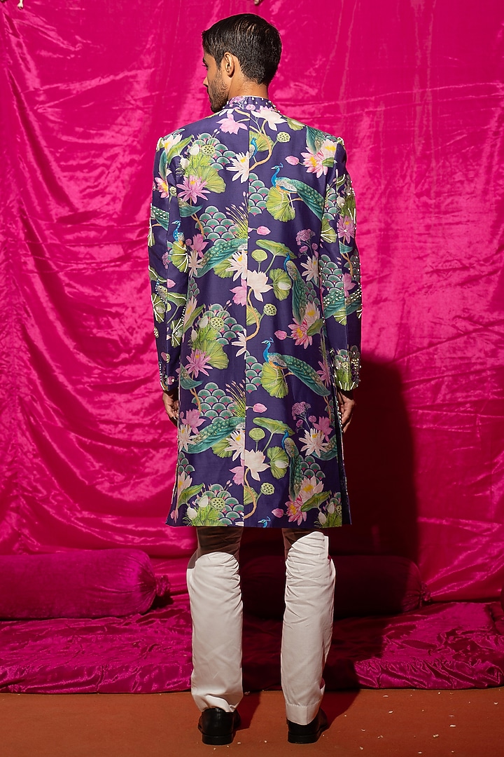 Purple Chanderi Silk & Cotton Satin Floral Printed Wedding Sherwani Set by chrkha men at Pernia's Pop Up Shop