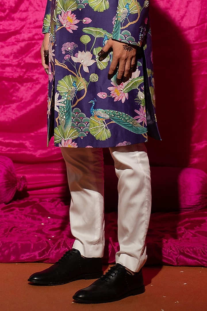 Purple Chanderi Silk & Cotton Satin Floral Printed Wedding Sherwani Set by chrkha men at Pernia's Pop Up Shop